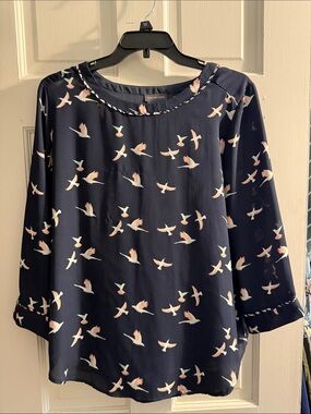 Van Heusen Navy Blouse with Pink and Mint Bird Print